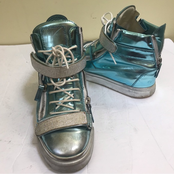 Giuseppe Zanotti Donna Metallic Patent Leather High Top Sneakers Shoes Crystals - Picture 5 of 17